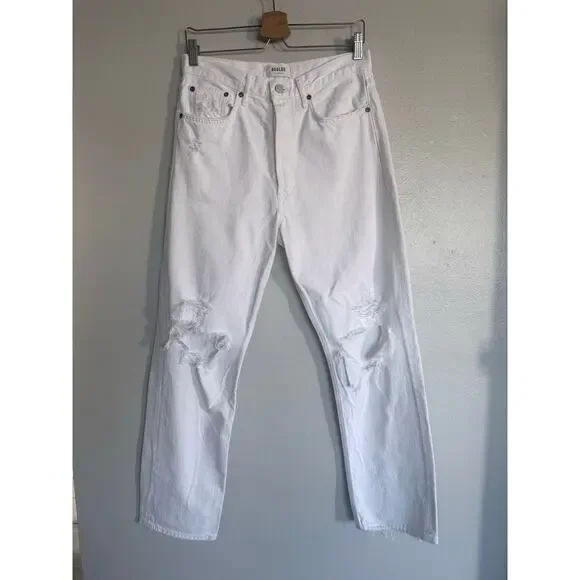AGOLDE white distressed '90s Ripped mid rise relaxed straight leg denim jeans - Picture 2 of 12